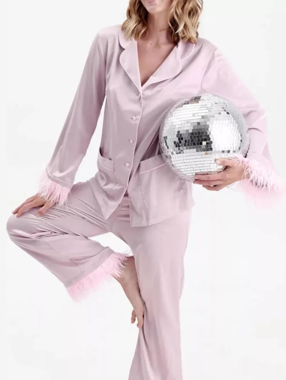 🌸Pink Silky Button Up Feather Trim Top and Pants Lounge Set